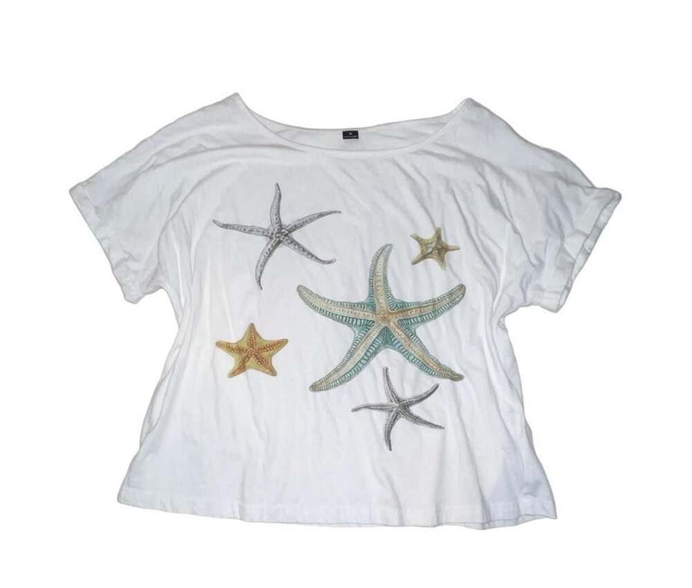 SHEIN Starfish Print Short Sleeve Casual White T-Shirt